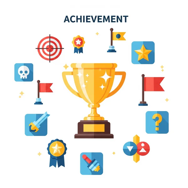 Golden trophy surrounded by game achievement icons.