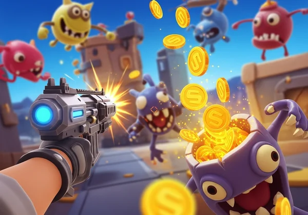 Player with gun collecting gold from funny enemies