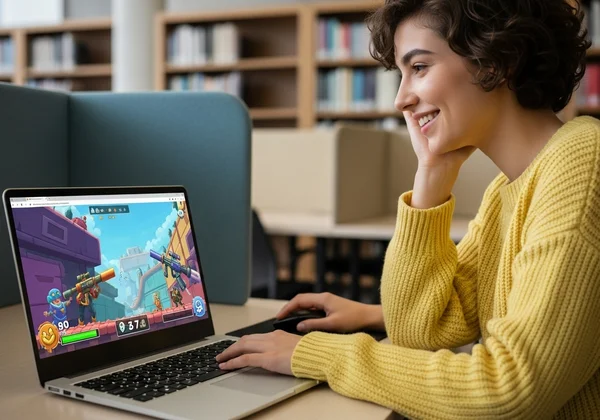 Personne profitant d'un jeu de navigateur amusant sur un ordinateur portable pour une pause