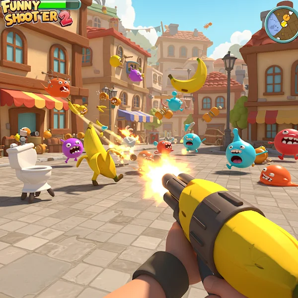 Adegan aksi Funny Shooter 2 dengan musuh dan senjata yang gila.