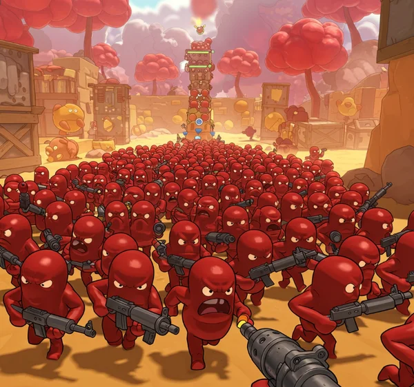 Los gruñidos rojos de Funny Shooter 2 usan tácticas de enjambre contra el jugador.
