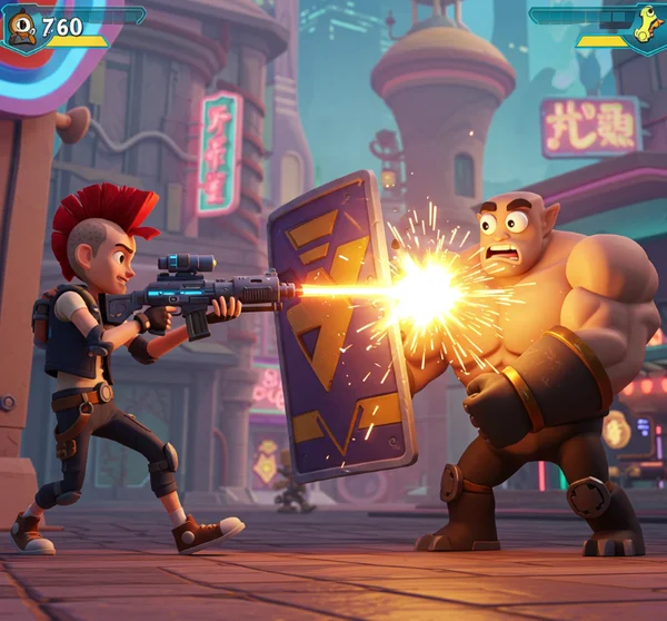 El jugador contrarresta a un soldado con escudo en el juego Funny Shooter 2.