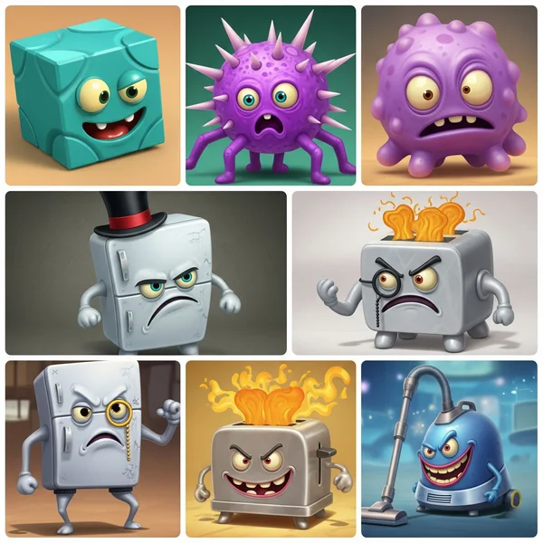 Diverse, comically designed Funny Shooter 2 enemy characters.