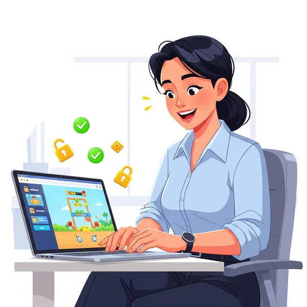 User happily playing unblocked browser game on laptop.