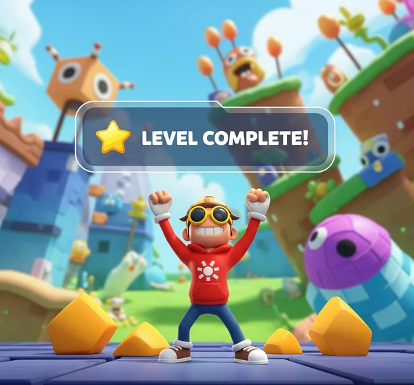 Player victorious at level end with a "Level Complete" graphic.