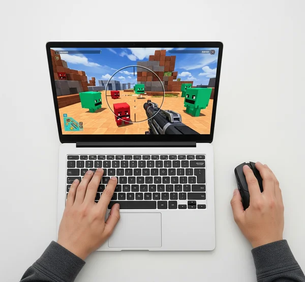 键盘和鼠标在 Chromebook 上玩 FPS 游戏的手部特写