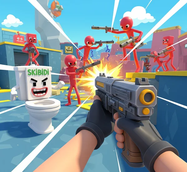 一个古怪的 3D FPS 游戏场景，一个角色正在射击搞笑的敌人
