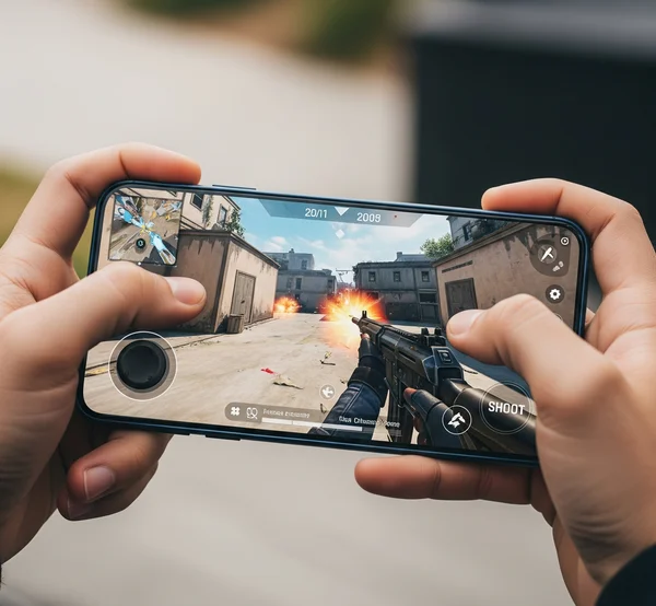 一个人用拇指操纵杆和按钮在手机上玩 FPS 游戏