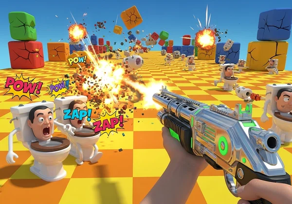 Игрок использует дробовик против Скибиди Туалетов в Funny Shooter 2.