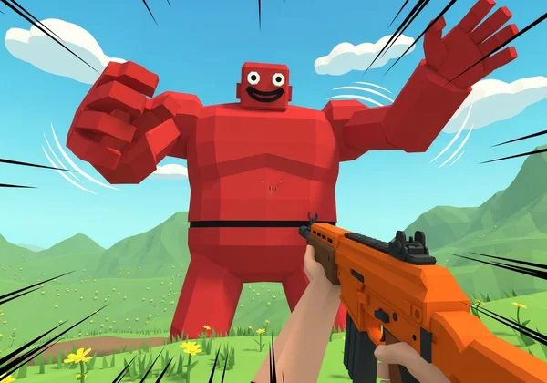 Player fighting a giant red boss in Funny Shooter 2.