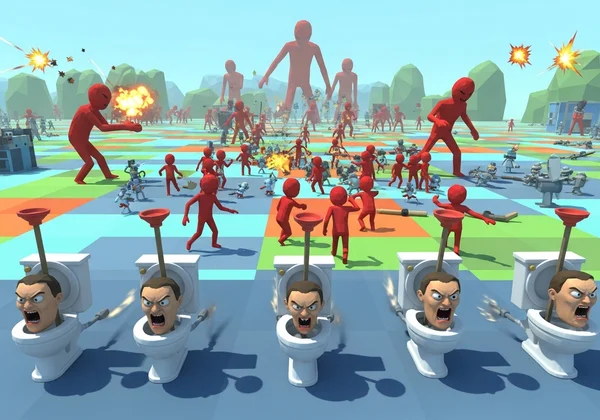 Various funny enemies in Funny Shooter 2, like Skibidi Toilets.