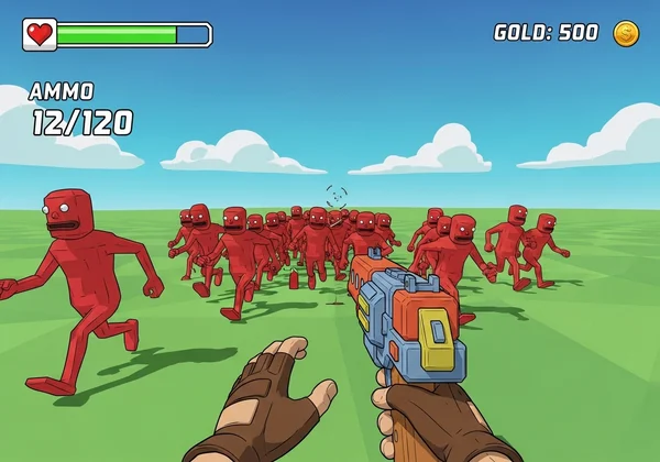 First-person view of Funny Shooter 2 first wave gameplay.