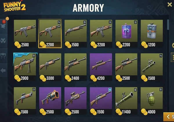 The in-game weapon shop armory in Funny Shooter 2.