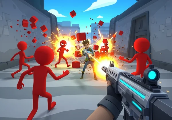 Player character fighting red stickmen in Funny Shooter 2