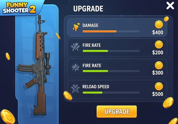 Funny Shooter 2 weapon upgrade screen with stats