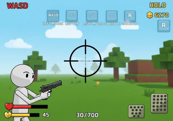 Funny Shooter 2 game interface with controls and HUD elements