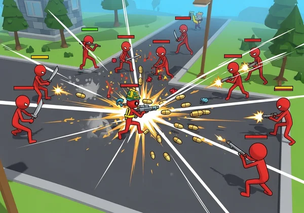 Dynamic gameplay scene from Funny Shooter 2 with red stickmen