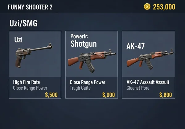 Funny Shooter 2 in-game shop with SMG, Shotgun, and AK-47